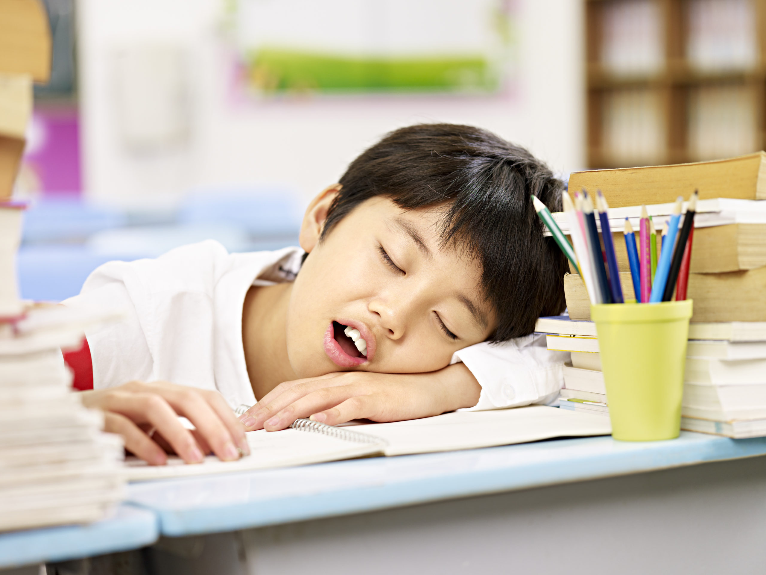 tired and exhausted asian primary school student falling asleep while studying